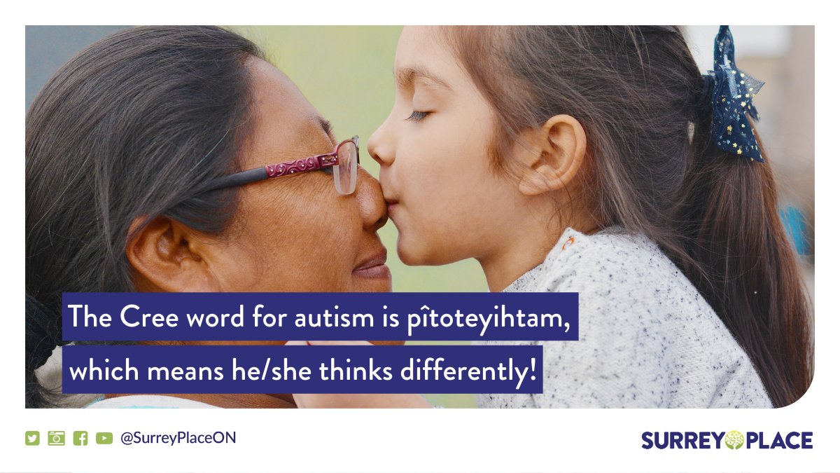 SurreyPlaceON's tweet photo. Do you know the #Cree word for autism? It's "pîtoteyihtam", which means he/she thinks differently! #AutismAcceptance 🧡 https://t.co/8fFOCfGhtQ