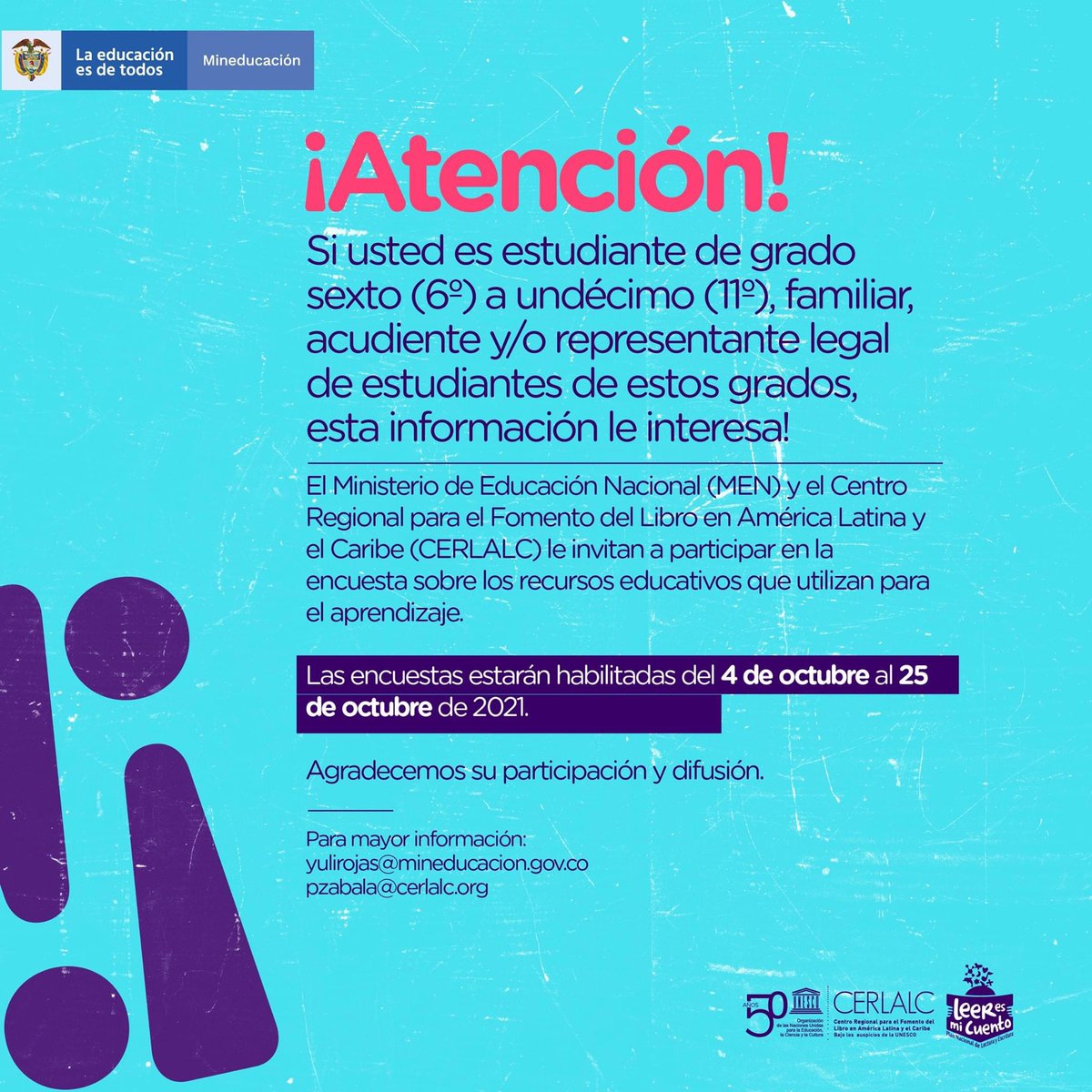 Cerlalc's tweet photo. #CerlalcDestaca 
📣Invitamos a estudiantes y familias de sexto a undécimo grado a que aporten con su opinión al proceso de implementación de la política de recursos educativos que se necesitan para mejores y más aprendizajes.

👉🏻 Ingrese aquí: https://t.co/nalRvfZP7I https://t.co/ALay9FsjsY