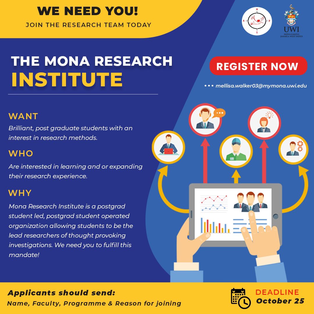 monapostgrads's tweet photo. 🗣️Graduate Students!
The Mona Research Institute (MRI) is accepting applications for the Research Team☑️
This is an opportunity to earn while you learn‼️
ONLY registered Masters Students can apply.
Application period October 19-25, 2021.
#TransitioningMAPS
#OneMAPS https://t.co/uySvpZXRfF