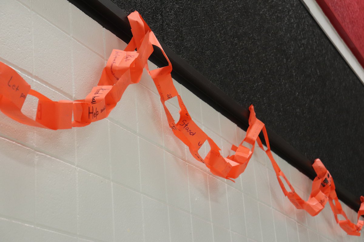 bmssteam's tweet photo. The Bulldog Café is filled with amazing orange paper chains that was made from the advisory activity this week on unity! #nationalbullyingpreventionmonth #preventbullying #wearorangetomorrow #unityday #spreadkindness #bmsgoodthings #bmsbulldogsrock #bmssteambulldogs https://t.co/B7Npv2tPtd