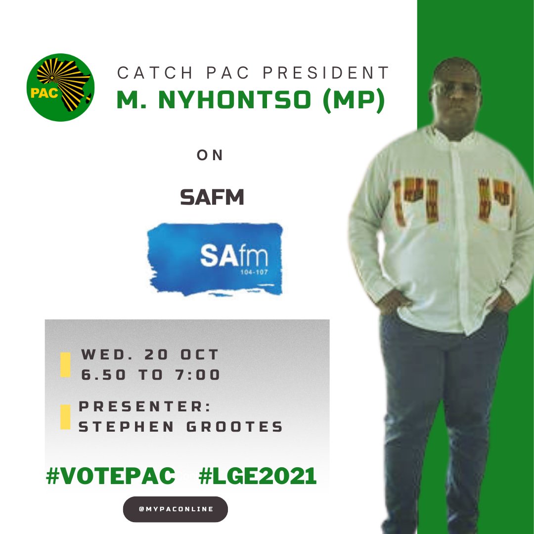 PAC President on SAFM LIVE

Date: Wednesday, 20 Oct
Time: 6.50 to 7:00
Radio Station: Safm

<a href="/SAfmRadio/">SAfmRadio 📻</a> <a href="/StephenGrootes/">Stephen Grootes</a> <a href="/pac_president/">PAC President</a> <a href="/Sophie_Mokoena/">Sophie Mokoena</a> <a href="/MkhariGiven/">Given Mkhari</a> <a href="/CapricornFMNews/">CapricornFM News</a> <a href="/aycawe/">Bang'uMhlaba</a> <a href="/LetlapaMphahlel/">Letlapa Mphahlele</a> <a href="/ntsikimazwai/">NtsikiMazwaiMedia</a> <a href="/Karl_Zimbiri/">Karl Zimbiri Wizza Military Camp</a> <a href="/pacwesterncape/">Pan Africanist Congress Western Cape</a> <a href="/PAC_Gauteng/">Pan Africanist Congress of Azania Gauteng</a>  <a href="/pasma_wits/">NOMVO BOOI Branch</a> #Poqo