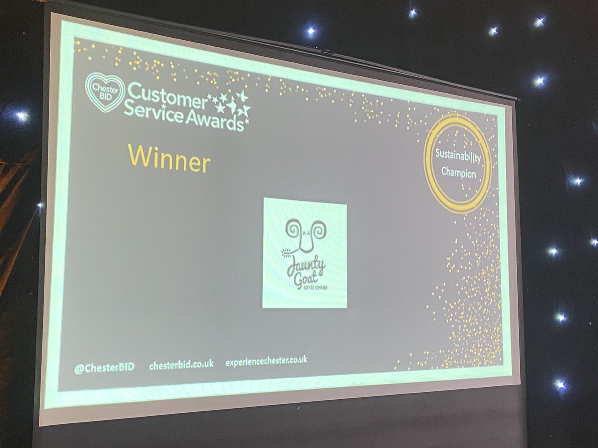 ChesterBID's tweet photo. And the winner of the @chesterzoo sponsored Sustainability Champion Award is…@jaunty_goat! 
Honourable mentions go to Shrub, @LushLtd, @J_footprints, @weaselandthebug and @basearchi #chesterstars https://t.co/Z8LrNoq6Fi