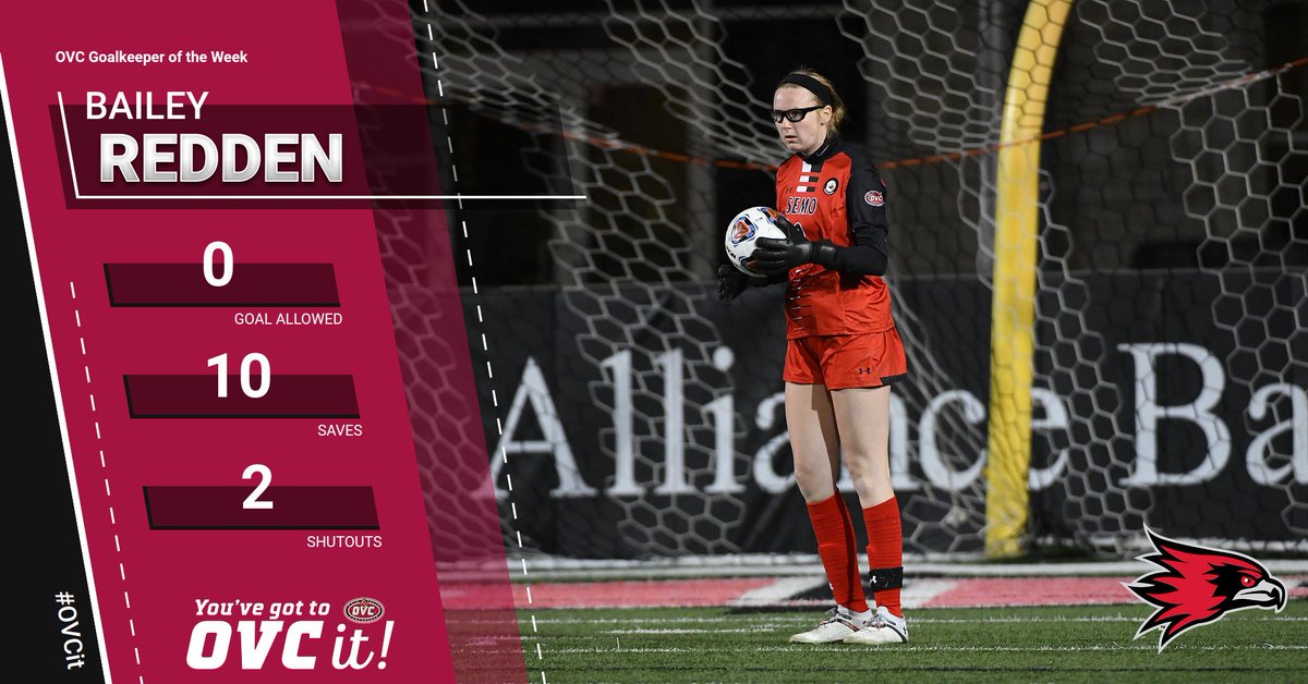 OVCSports's tweet photo. OVC Goalkeeper Player of the Week - @SEMOSoccer Bailey Redden (@baileeyreddeen)

 - Reccorded two shutouts and made 10 saves last week. 

#OVCit | #LetsSoar https://t.co/50zmo4Qrzo