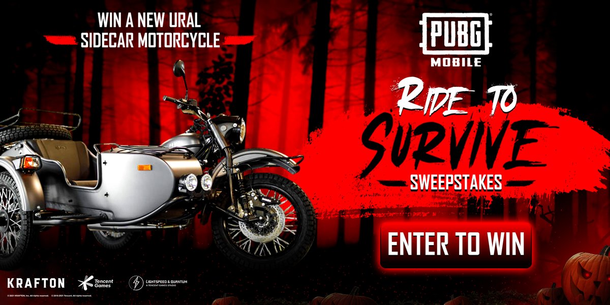 xWPGNx's tweet photo. Enter to win the @PUBGMOBILE 13 Days of Halloween Ride to Survive Sweepstakes &amp; Daily Giveaways! 
Multiple winners announced on each of our Ten Livestreams! Giveaways include giftcards, iPad Mini’s, AirPod Pros, &amp; UC! 
https://t.co/hTL6kLYc4O

#PUBGMHALLOWEEN  #PUBGMOBILE #ad https://t.co/tFjbfOqipA