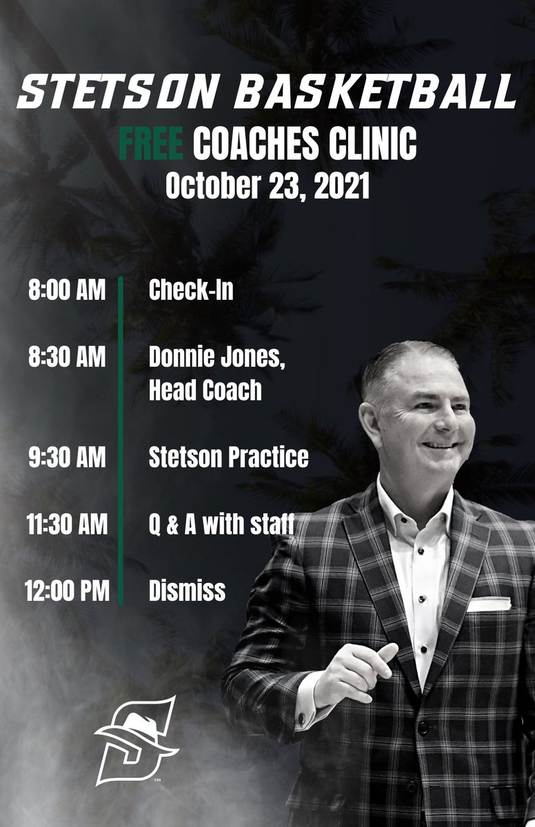 StetsonMBB's tweet photo. Sign up for our FREE coaches clinic this Saturday!! @DonnieJones & staff will be discussing various topics and you will get a chance to watch a practice!
Register: https://t.co/1mG7imSvcx https://t.co/2aiVzwA27p
