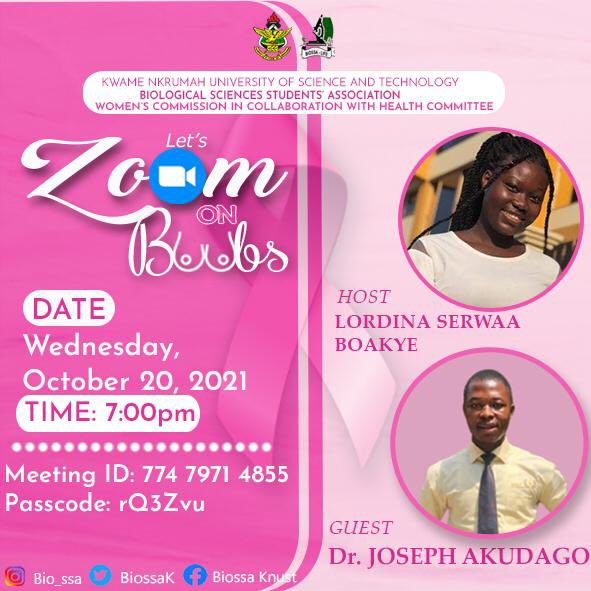 BiossaK's tweet photo. BIOSSA is inviting you to a scheduled Zoom meeting.
Theme: BREAST CANCER AWARENESS. "ZOOM ON BOOBS WITH DR.JOSHUA AKUDAGO".
Wednesday, 20th October, 2021
Join Zoom Meeting
https://t.co/VwGU4yAVeK
Meeting ID: 774 7971 4855
Passcode: rQ3Zvu #BreastCancerAwareness #BiossaK https://t.co/B8XBw3LZ9F