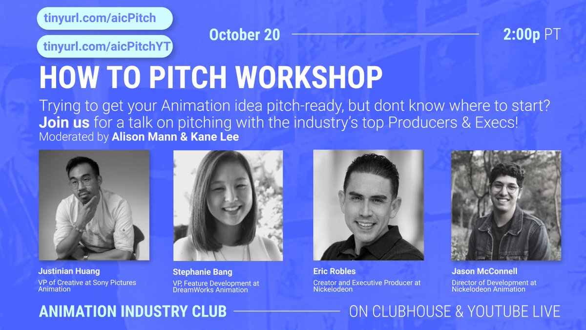UPDATED TIME &amp; PANELISTS! Wednesday's "How to Pitch" workshop has been moved to 2pm PT, and now includes Stephanie Bang (VP of Feature Development, @DreamWorks) along with Justinian Huang, <a href="/LegitEricRobles/">LegitEricRobles</a>, and @b0pqween!

Listen at linktr.ee/AnimationIndus…