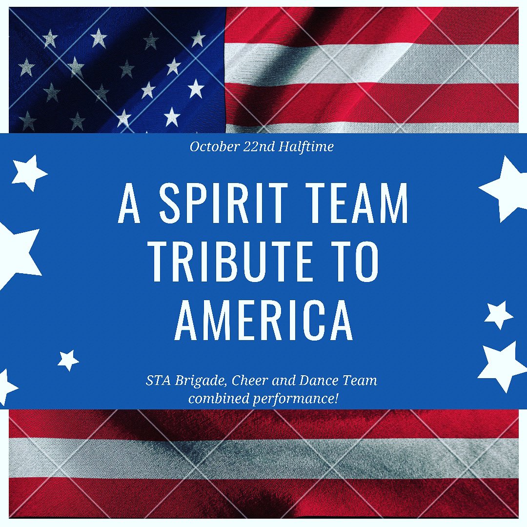 AquinasDance's tweet photo. Halftime this Friday will be a CAN’T-MISS! Join your @stasaints_BAND, @SAINTSCHEER and Spirits Dance Team for a first-ever performance of this kind at Aquinas. Be sure to stop by our table inside the stadium to learn more about ways to support our troops! 🇺🇸✨ https://t.co/UJNkKLfUJV