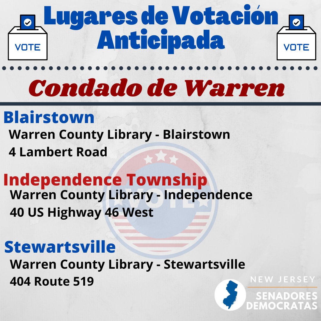 Este año, los votantes de NJ pueden participar en #EarlyVoting desde el 23/10/21 hasta el 31/10/21. Si usted vive en los condados de Sussex, Union o Warren, puede encontrar su lugar de votación temprana más cercano aquí.