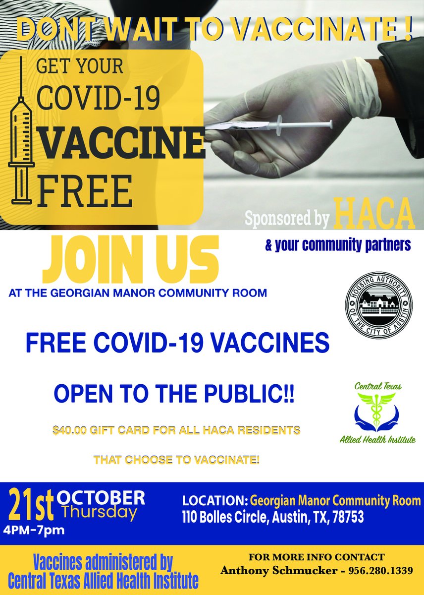 <a href="/CTAHIATX/">Central Texas Allied Health Institute</a> in partnership w/<a href="/Hacanet/">HACA</a> will offer #CovidVaccine for all persons. We offer 1st, 2nd, and booster shots. #CovidResponse #Neighbors4Neighbors