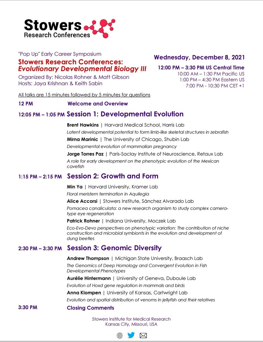 Homeobox's tweet photo. Excited to participate in this absolutely stacked symposium line up on December 8. 

Open to all! Just register below and come join for a fun day filled with awesome evo-devo talks!

https://t.co/K3i0TrEsQ9

Thanks to @NicolasRohner @ScienceStowers @Stowers_SRC for organizing https://t.co/FOtWcT4cmH