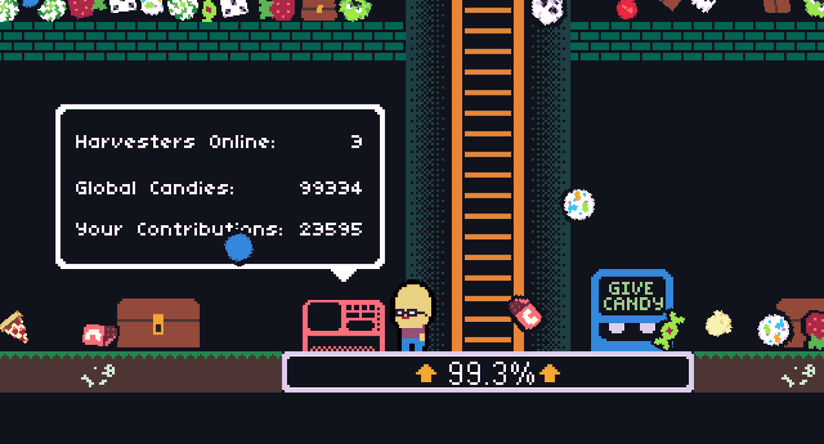 travismaynard's tweet photo. The finale of Candy Quota is near! The ladder is 99% complete with only 666 candies remaining. 

Download the latest post-jam client (0.2.1) if you'd like to join in and trigger the finale together!

https://t.co/5difjK3WQi

#LudumDare https://t.co/NLBtTatbNb