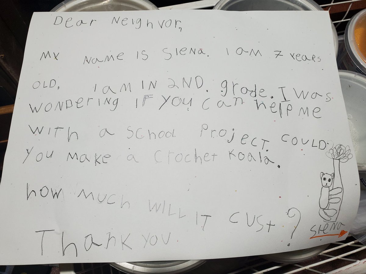 jeffreytumlin's tweet image. My husband crochets small animals that he ties to neighborhood street trees. He is well known by local children. So sometimes we find special request notes on our porch