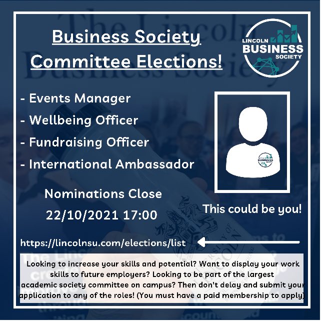 Looking to increase your skills and potential? Want to display your work skills to future employers? Looking to be part of the largest academic society committee on campus? Then don’t delay and submit your application today to any of the listed roles! @UoLBusiness <a href="/Societies_ULSU/">Societies Officer</a>