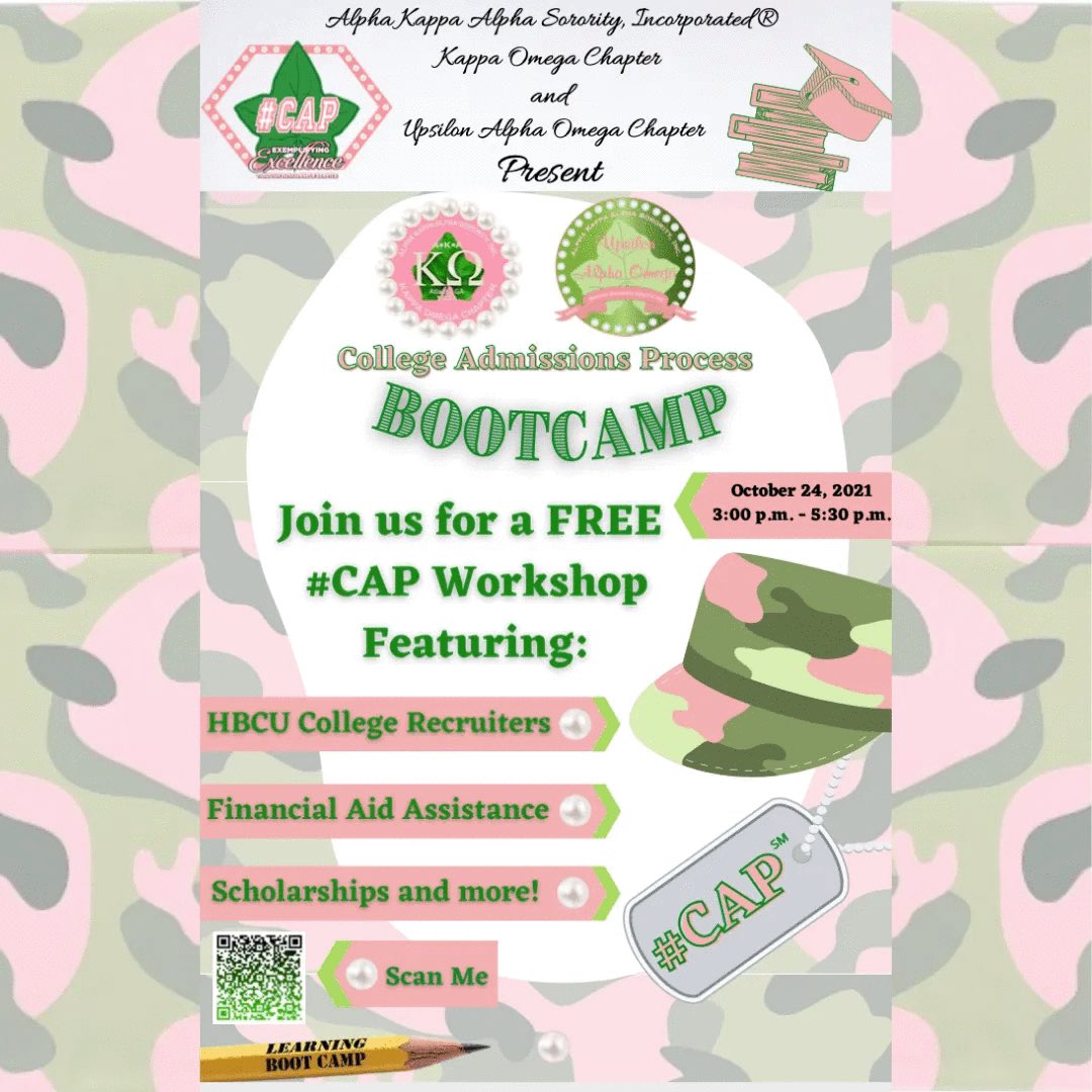 AKA_KappaOmega's tweet photo. Join the #CAPsm scholars and the lovely ladies of Alpha Kappa Alpha Sorority Incorporated®, Kappa Omega Chapter and Upsilon Alpha Omega Chapter for our joint October 2021 #CAP Virtual College Admission Bootcamp. Sunday, October 24: 3:00-5:30pm.
Register:https://t.co/gCwTfpUX7u https://t.co/cS2EOQPIPY