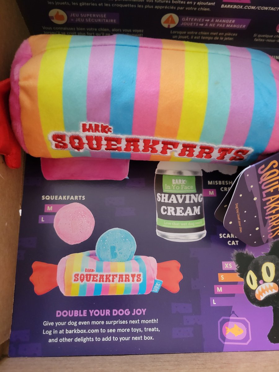 Hudsontheboy's tweet photo. @barkbox Sydney got her Halloween box and we love it! One question though... was the "squeakfart" supposed to come with candies? I see them in the picture but it's not on the tag. https://t.co/Jl8n3dwVtN