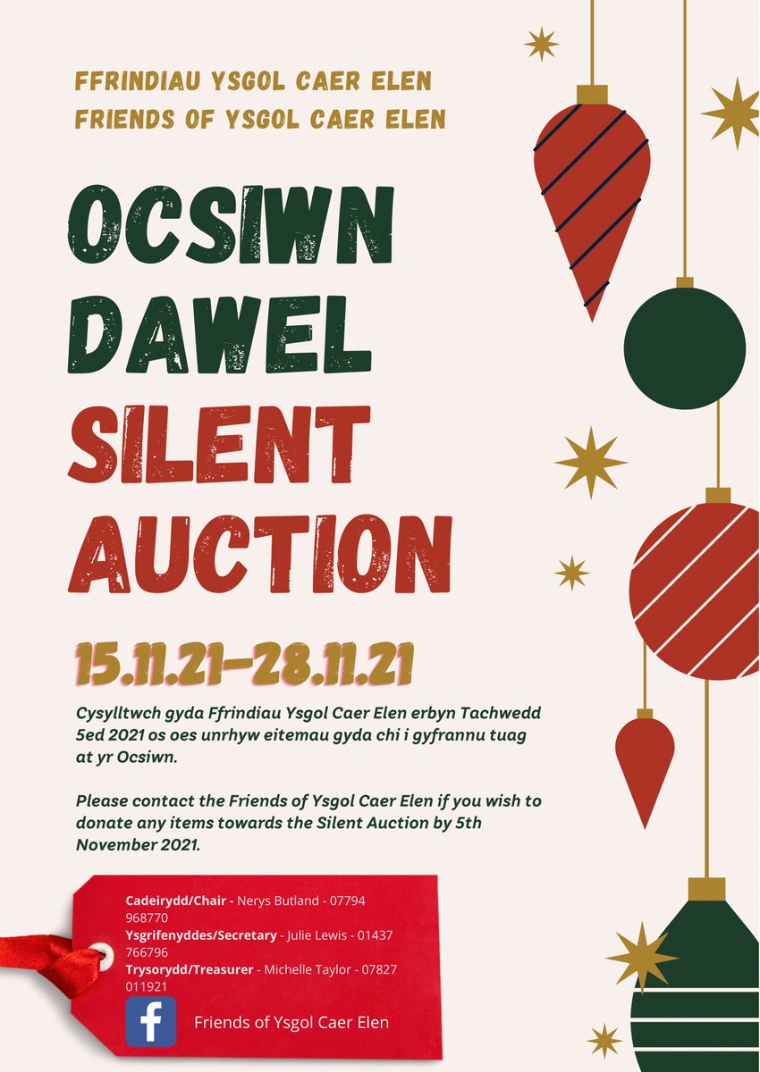 YsgolCaerElen's tweet photo. 𝓞𝓬𝓼𝓲𝔀𝓷 𝓓𝓪𝔀𝓮𝓵 / 𝓢𝓲𝓵𝓮𝓷𝓽 𝓐𝓾𝓬𝓽𝓲𝓸𝓷 🎄🎅🏼 https://t.co/tTxvEwYFFd