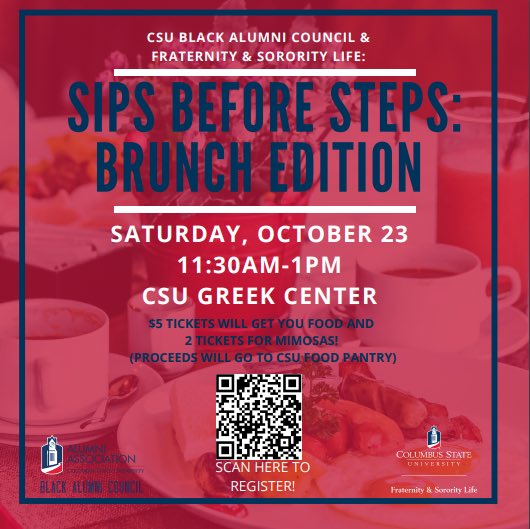 CALLING ALL CSU ALUMNI!!!!! 
MIMOSAS &amp; BRUNCH for $5 this Saturday!! 
We would love to see you at this special homecoming event, register here: 
alumni.columbusstate.edu/BACEventreg