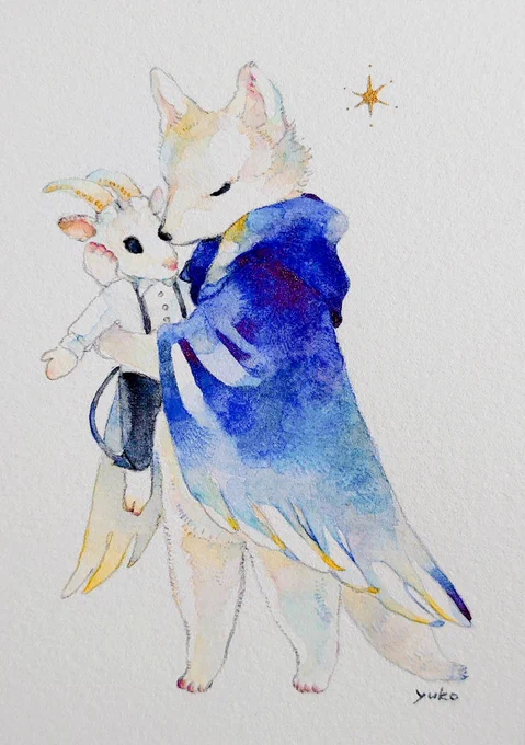 「願い」

童話・神様の動物と悪魔の動物をモチーフに描いた作品です。
神の使いである狼は、神に忘れられた山羊を引き裂くことを命じられましたが、
心を痛め苦しむ狼もいたのではないかと思い、描きました。
(狼の着るローブはオリジナルです。
翼をイメージしました🪶)
#オオカミ展 