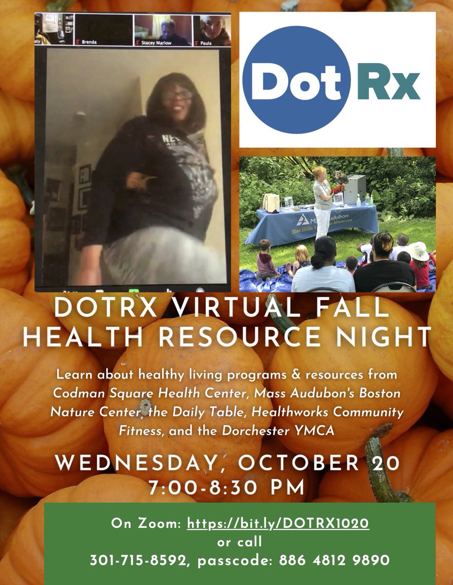 UCBoston's tweet photo. #DotRx Virtual Fall Resource Night tomorrow at 7pm with our partners @CodmanHealth @DailyTableMkt @Healthworks_CF @Dorchester_YMCA @MassAudubon Boston Nature Center 🍂🍁👟 #ucbinaction https://t.co/dx23p3ShlY
