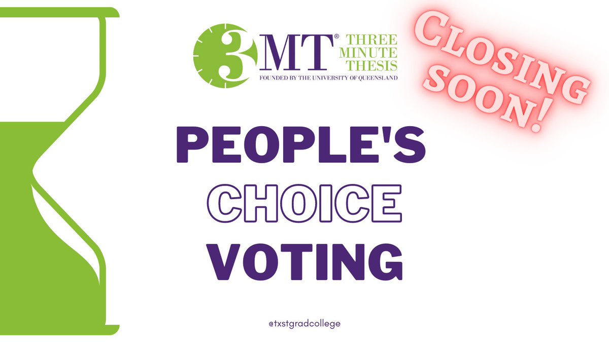 TXSTGradCollege's tweet photo. Only a little time is left in the Preliminary Round People’s Choice voting for the 2021 3MT® competition! Voting is open to the entire #txst community and will close tomorrow, Oct. 20 at 1 p.m. Click the link below to vote! #txst3MT
https://t.co/wvobykfuKD https://t.co/biaBqNyow8