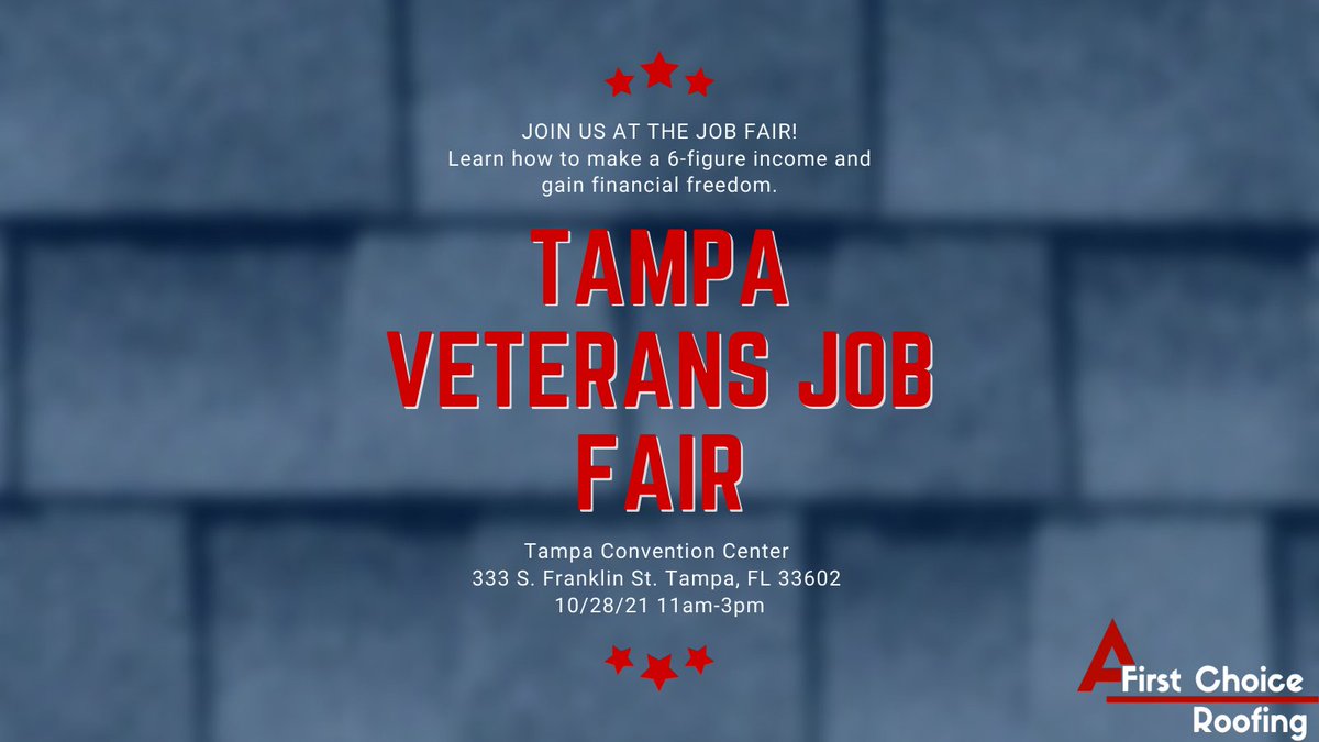 AFirstChoice_'s tweet photo. Come join us at the Tampa Veterans Job Fair next Thursday 10/28/2021 from 11am-3pm!
#roofingcontractor #tampa #veterans https://t.co/CwakIxY3tt