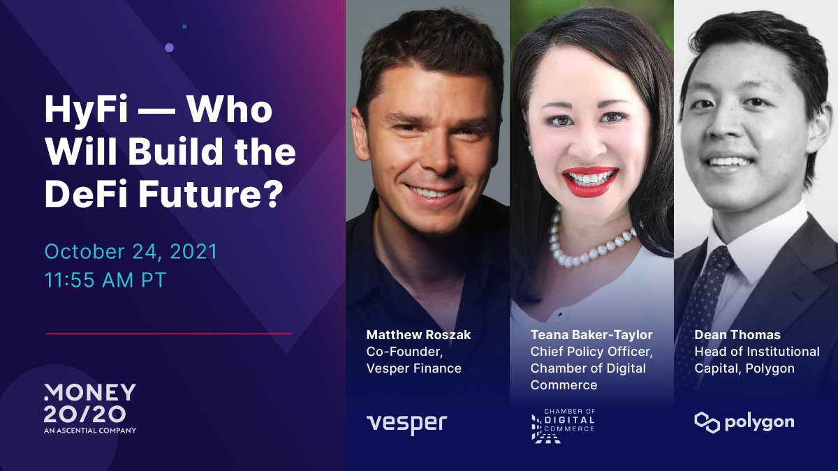 What does the #DeFi future hold and who will shape it? 🤔💭

Find out during Vesper's #Money2020 session with <a href="/DigitalChamber/">The Digital Chamber</a> and <a href="/0xPolygon/">Polygon</a>!

<a href="/MatthewRoszak/">Matthew Roszak</a> <a href="/TeanaTaylor/">Teana Baker-Taylor</a> @LonePalmAdvisor <a href="/money2020/">Money20/20</a>