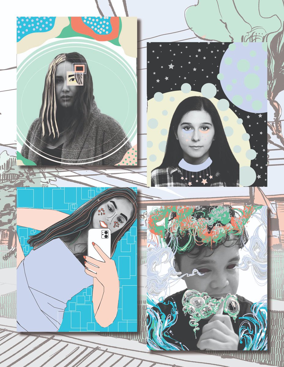 SLCI_LR3's tweet photo. The #NSSYearbook2022 Sem 1 class is well on its way to exploring the new 2022 colour palette in their designs. #Selfportraits #EndsheetFront @1Buhr @newtonbrook_ss @PrabodaT @PuriGeetu @msrgriffith @FriesenYearbook https://t.co/rnqyYDGt0W