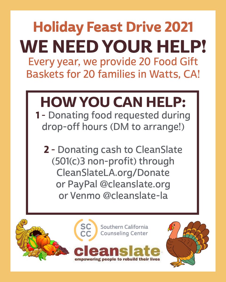 socalcounseling's tweet photo. OUR ANNUAL HOLIDAY FEAST DRIVE IS HERE 🚨🦃❤️ Click through to see how you can help! @cleanslateinc https://t.co/szoD6CD4wA THANK YOU FOR ALL YOUR SUPPORT! https://t.co/hRlQhd2Nhh