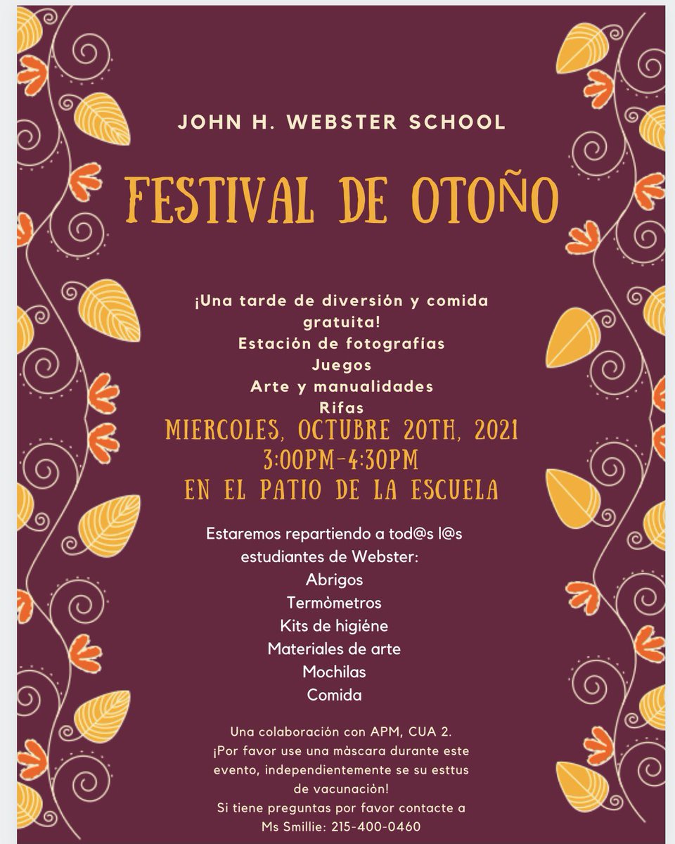 JohnHWebsterES's tweet photo. We are hoping to see everyone tomorrow for our fall festival at 3pm in the school yard. https://t.co/OvWyM8dY9f