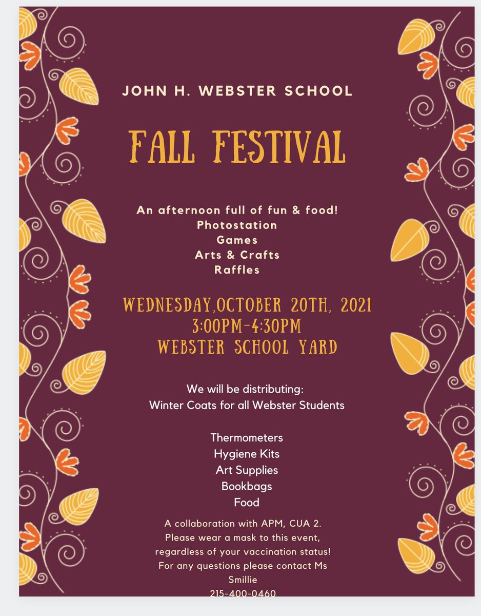 JohnHWebsterES's tweet photo. We are hoping to see everyone tomorrow for our fall festival at 3pm in the school yard. https://t.co/OvWyM8dY9f