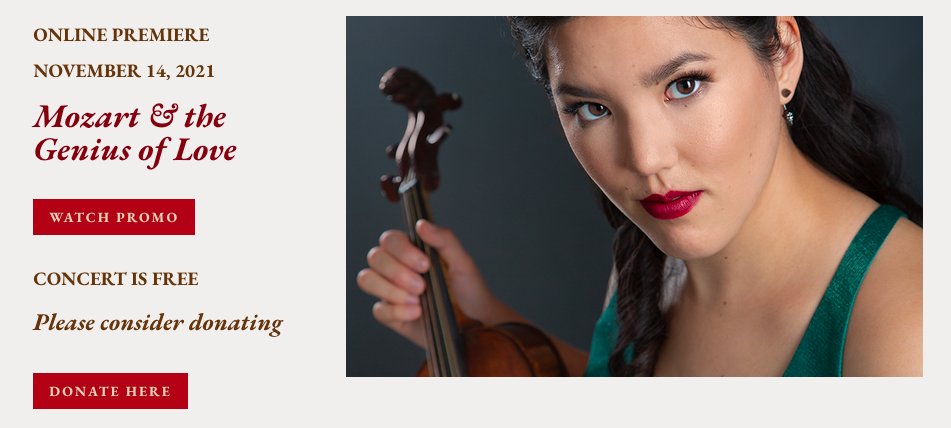 Our next concert, "Mozart &amp; the Genius of Love" premiers Sunday, November 14th, at 7pm PST. Performances by Rachell Ellen Wong - violin, Susan Gulkis Assadi - viola, and Byron Schenkman - piano. See you then! byronandfriends.org/mozart-valverd…