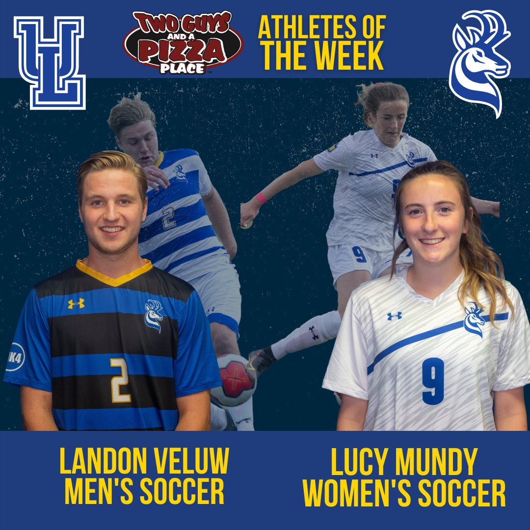 👏👏 <a href="/twoguyspizza/">Two Guys Pizza</a>  Pronghorn Athletes of the week!

⚽️<a href="/Horns_Soccer/">Horns Soccer</a> Landon Veluw had a hand in all three Pronghorn goals last weekend with 2 🚨 and a🍎

⚽️ <a href="/hornsWsoccer/">U of L Womens Soccer</a> Lucy Mundy was a consistent player that worked tirelessly on both sides of the ball last weekend 
#GoHorns