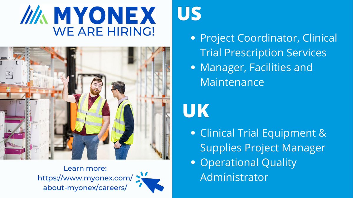 Myonex is hiring!

US Open Roles
- Project Coordinator, Clinical Trial Prescription Services
- Manager, Facilities and Maintenance

UK Open Roles
- Clinical Trial Equipment & Supplies Project Manager
- Operational Quality Administrator

bit.ly/30mKK6n

#CHCJobOpportunity