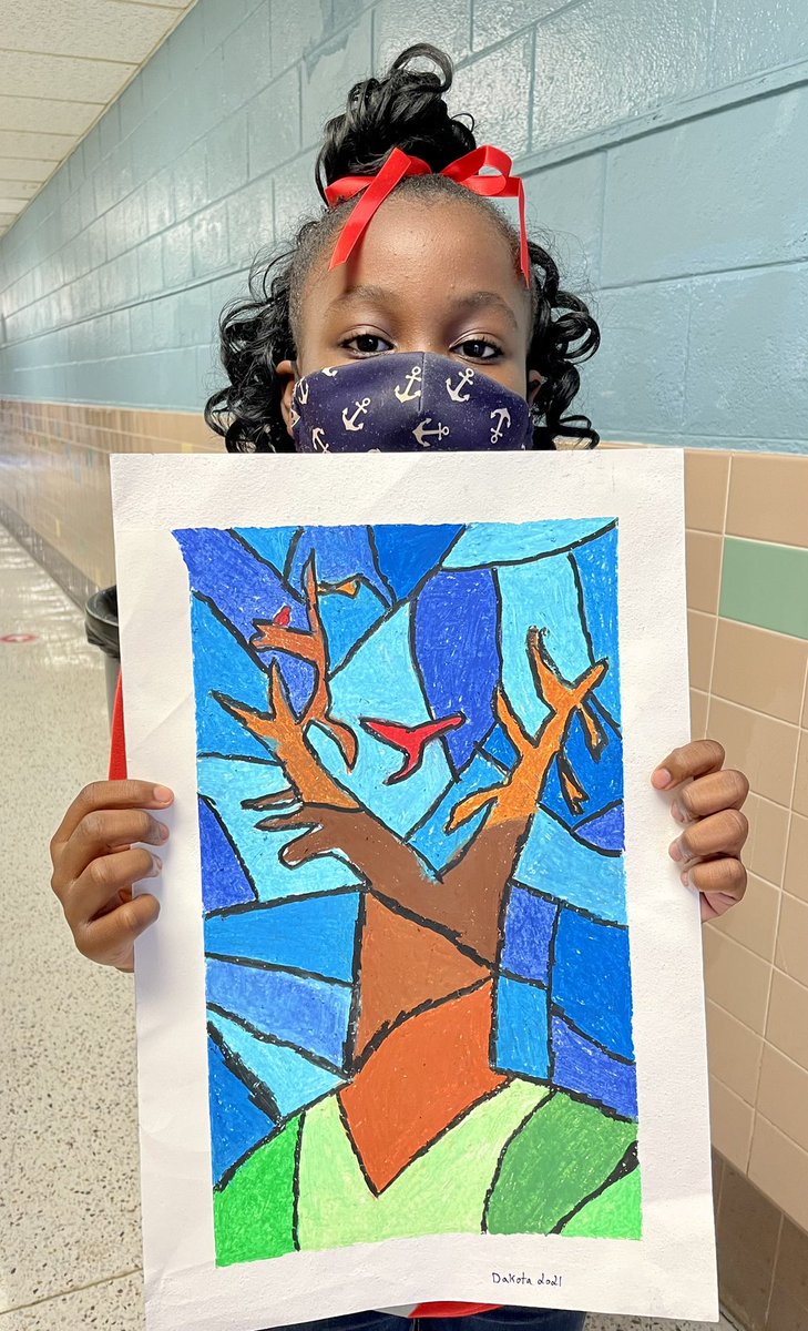 ArtAlderman's tweet photo. When you have a fifth grade student and actually remember (and can locate a photo!) of her first kindergarten art project! ❤️so much growth, but look at the similar subject matter!!! @AldermanEagles @NhcsArts https://t.co/uCDMG3xUvu