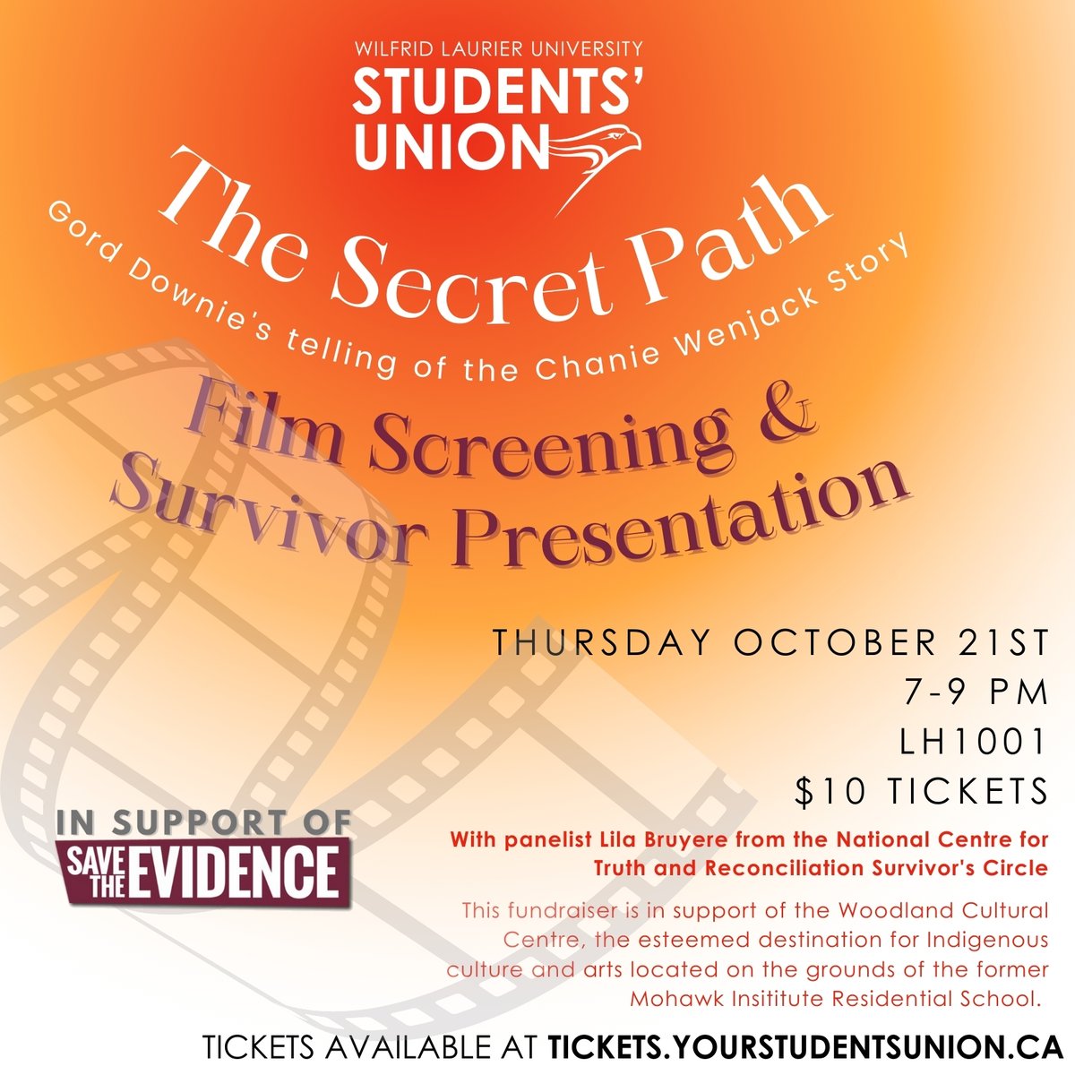 students_union's tweet photo. The Students' Union invites you to a fundraiser in support of the Woodland Cultural Centre

📽️ The Secret Path
     A Film Screening &amp; Survivor Presentation
🎟 $10 at https://t.co/u6xWzxcYLm
🗓 Thursday, October 21, 7 pm
🏫 Waterloo Campus LH 1001

1/3 🧡 https://t.co/eeHntpivgQ