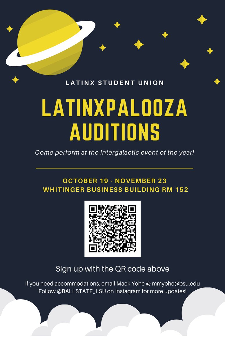 BallStateLSU's tweet image. ¡ATENCIÓN, FAMILIA!📢Auditions are now to November 23 for the intergalactic event of the year! Held at the Whitinger Building Rm152. To sign up for a time, scan QR code on the flyer OR click the link in our insta bio! For accommodations, contact Mack via email mmyohe@bsu.edu 🪐✨