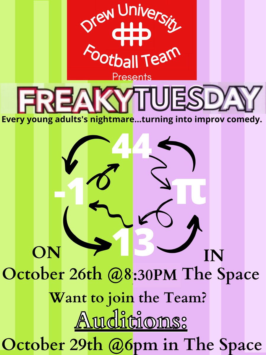 drewufootball's tweet photo. FREAKY TUESDAY GAME 10/26
Link to our instagram for more story highlights that will be posted following up to the game. 
#improv #drewuniversityfootballteam
#freakyfriday #freakytuesday https://t.co/cRxAUMVGJB