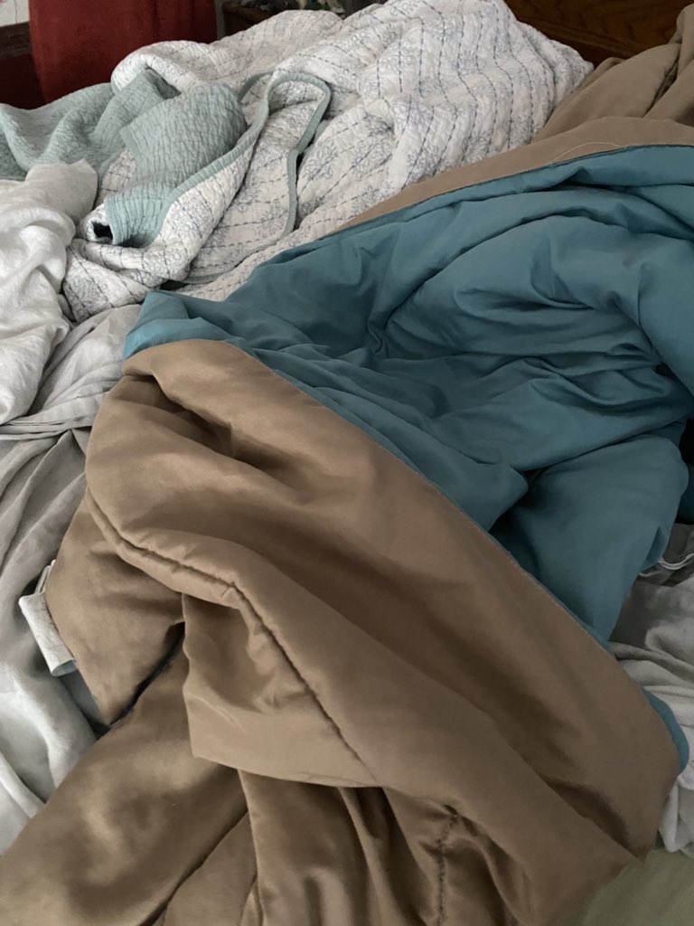 My son is nesting again, it’s been a few months since I’ve seen this behavior. It started in a closet a few days ago. Today it’s the bed. Nesting is when he takes all the linens and pillows he can find to pile up and chill in so he can decompress. #Autism