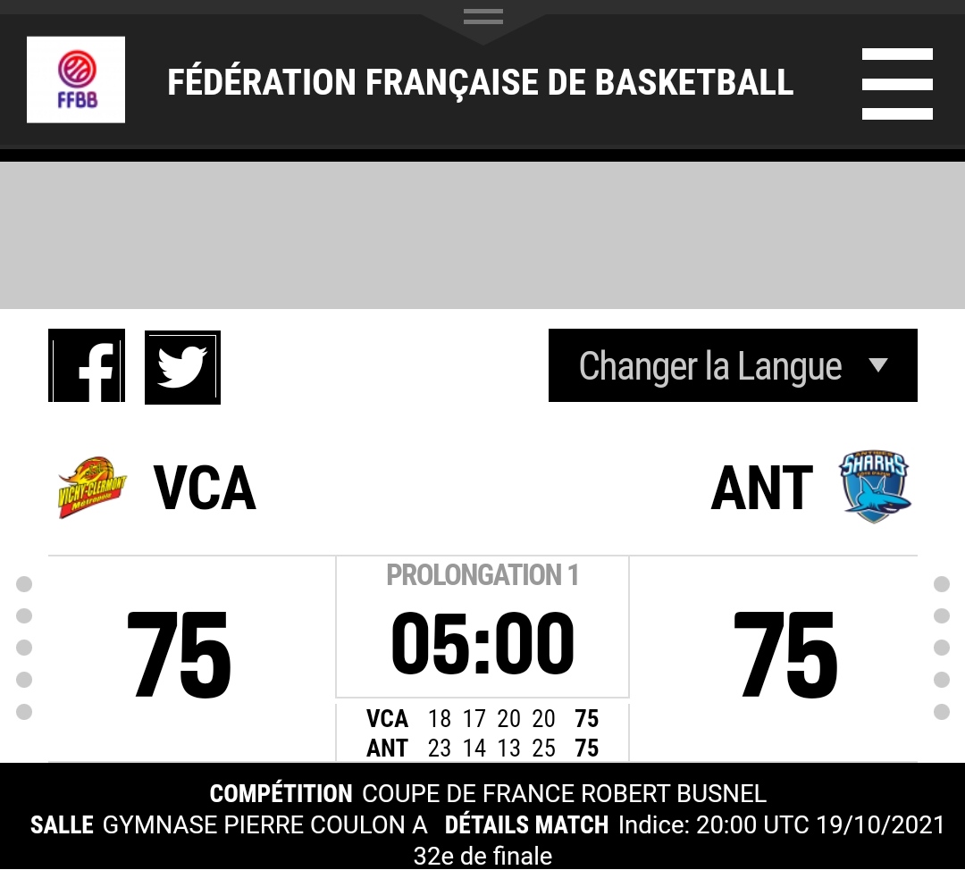 Égalité parfaite entre la @javcm_basket et les #Sharks 🦈 dans ce 32e de finale de la Coupe de France

Prolongation à venir pour départager les deux équipes.