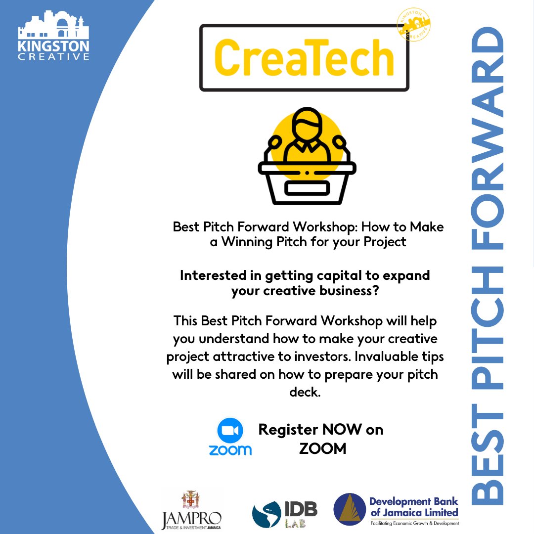 CreaTechByKC's tweet photo. Interested in getting capital to expand your creative business? Our #BestPitchForward workshops, coming up on Oct. 22nd &amp; 29th, will help you understand how to make your creative project attractive to investors. #CreaTech #KingstonCreative

Register now at https://t.co/JjXHqPUYdy https://t.co/VB0cMphmBY