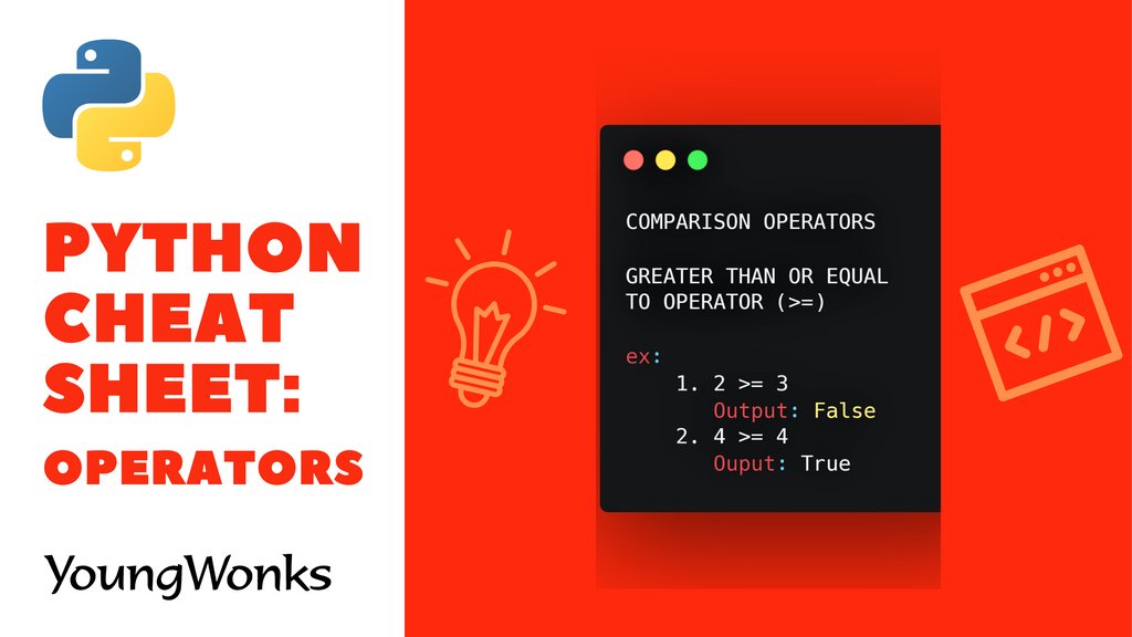 YoungWonks's tweet image. The greater than or equal to operator (>=) checks if the left #operand is greater than or equal to the right operand. Shared here is an eg. #operators #bitesizedcodingwithYoungWonks #pythonprogramming #kidscoding #learningresources #pythoncheatsheet #learntocode #STEMkids #python