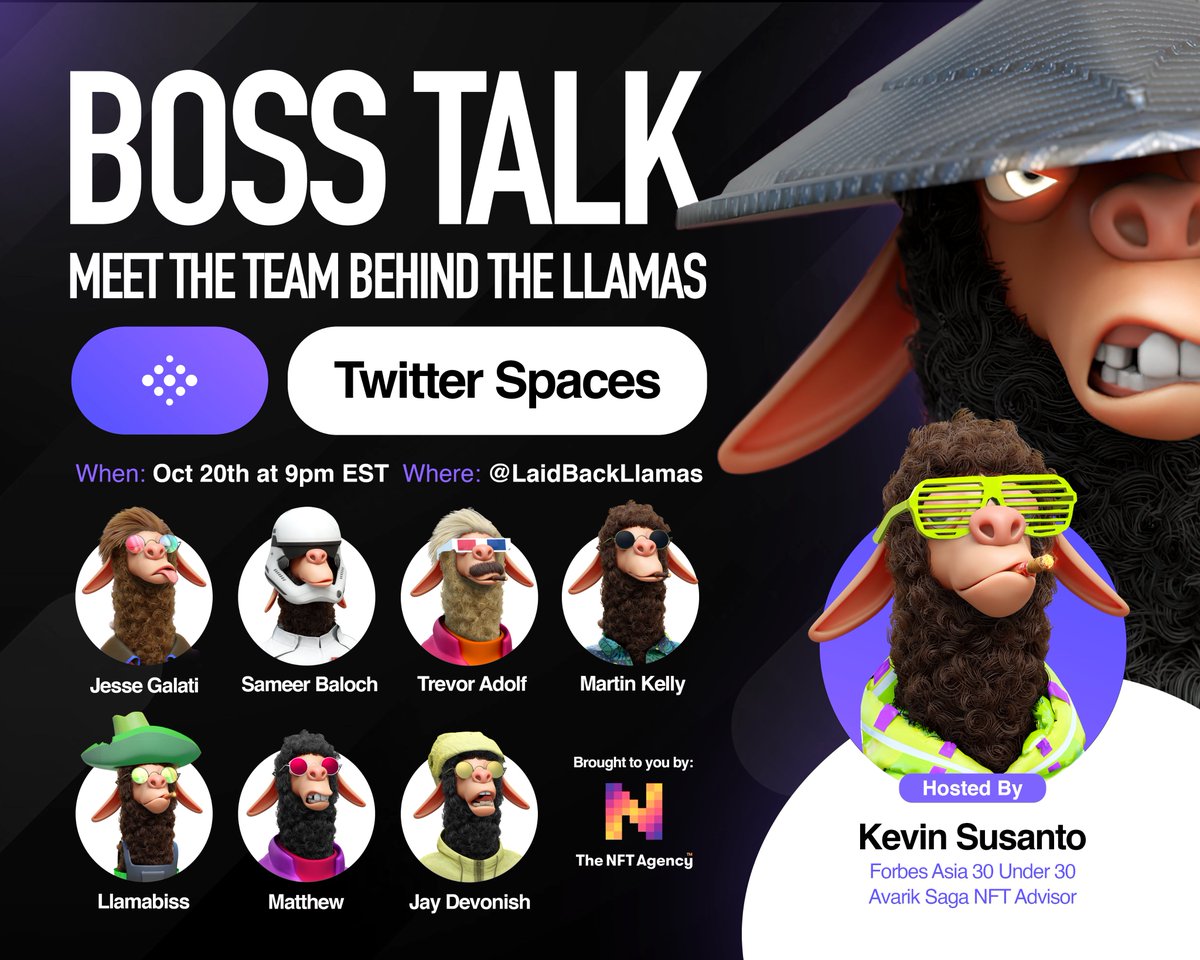 LaidBackLlamas's tweet photo. 📢 BOSS TALK 📢 Live Twitter Spaces Event

Meet the team behind Laid Back Llamas - the future of #LBL,  giveaways &amp; more. 

🦙 Hosted By: @KevinSusanto (aka Lil Llama)
📅 Wed, Oct 20th at 9pm EST
📌 @LaidBackLlamas 
ℹ️ More Info: https://t.co/X2FBYSKVIz https://t.co/qlp56jjaJ4