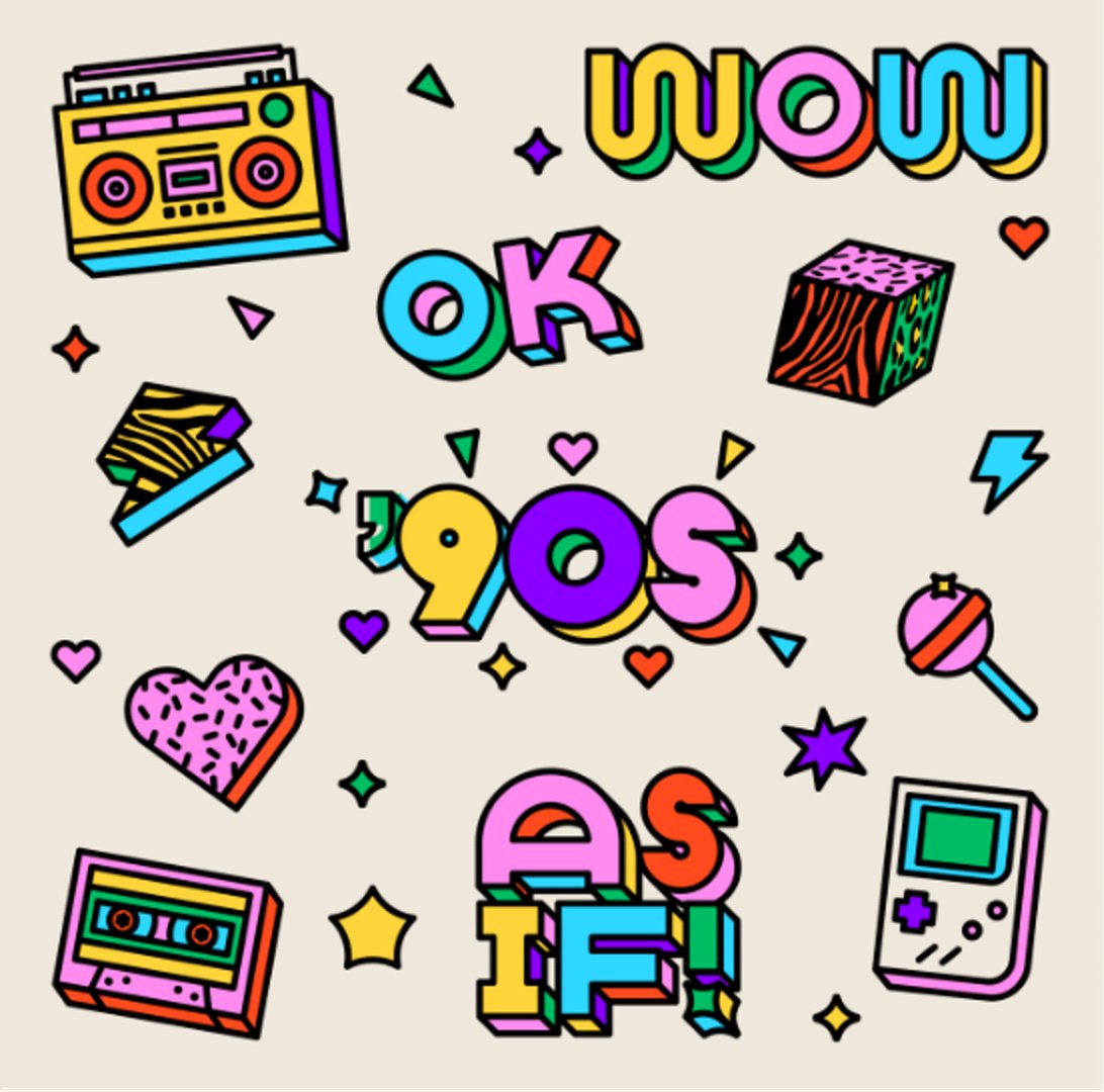 Collection of digital illustration 'stickers' and shapes including a radio, lightning bolt, lollipop, cassette, game player, and words reading 'wow', 'ok', '90s' and 'As If!'