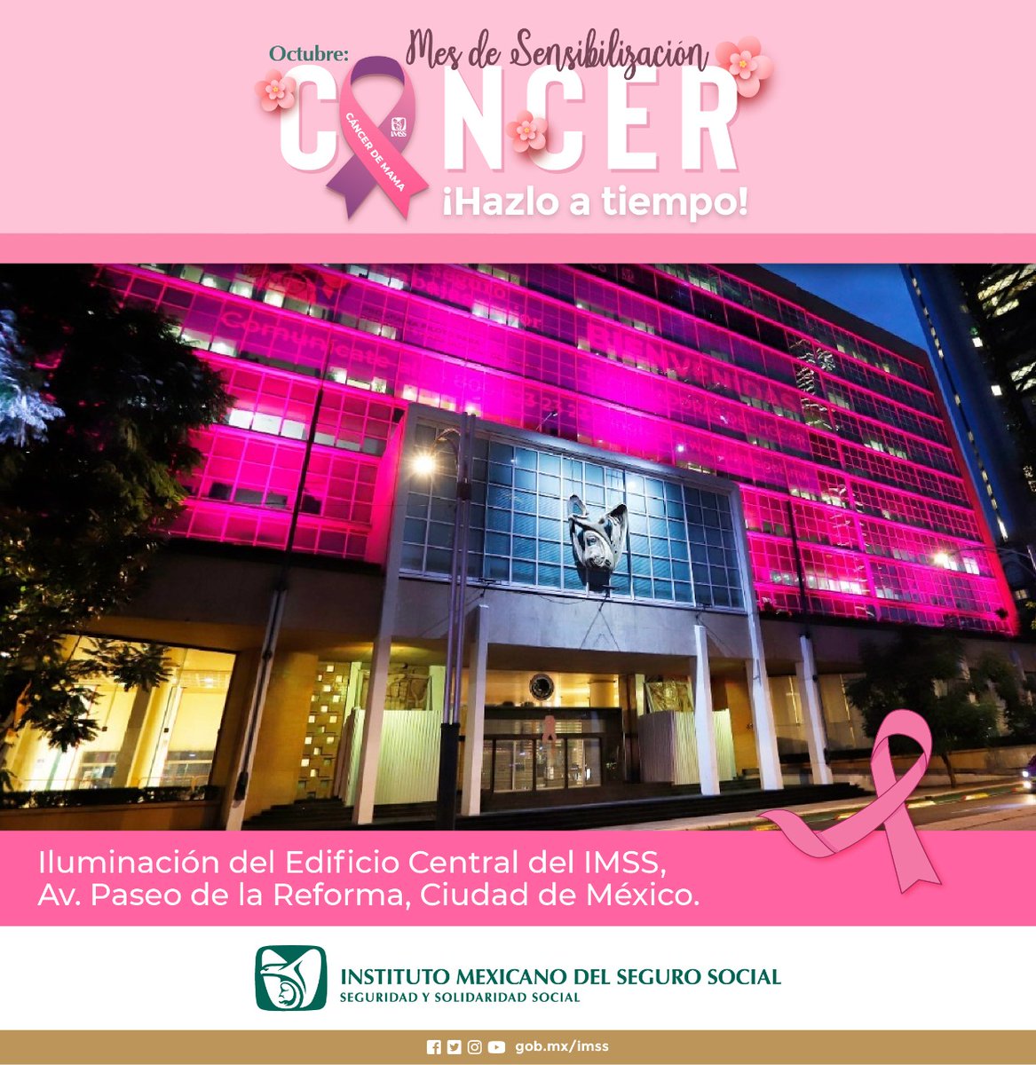 Tu_IMSS's tweet image. Hoy en el Día Mundial de la Lucha contra el #CáncerDeMama, el #IMSS ilumina de rosa su edificio central para sumarse a la sensibilización contra esta enfermedad.

#OctubreRosa 
#IMSSVsCáncerDeMama