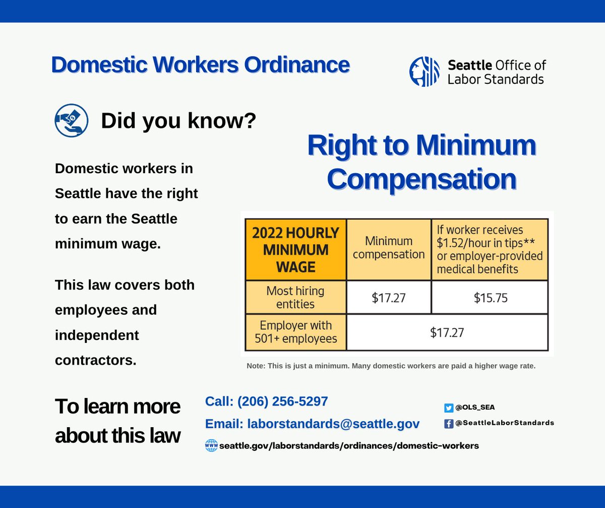 OLS_SEA's tweet photo. Did you know? Domestic workers in Seattle have the right to earn the current minimum wage.
Your Home is Someone's Workplace! We're here to help you understand your responsibilities under the Domestic Workers Ordinance.
#SeattleDomesticWorkers #SeattleDWO #SeattleOLS https://t.co/86SnhbYtHv