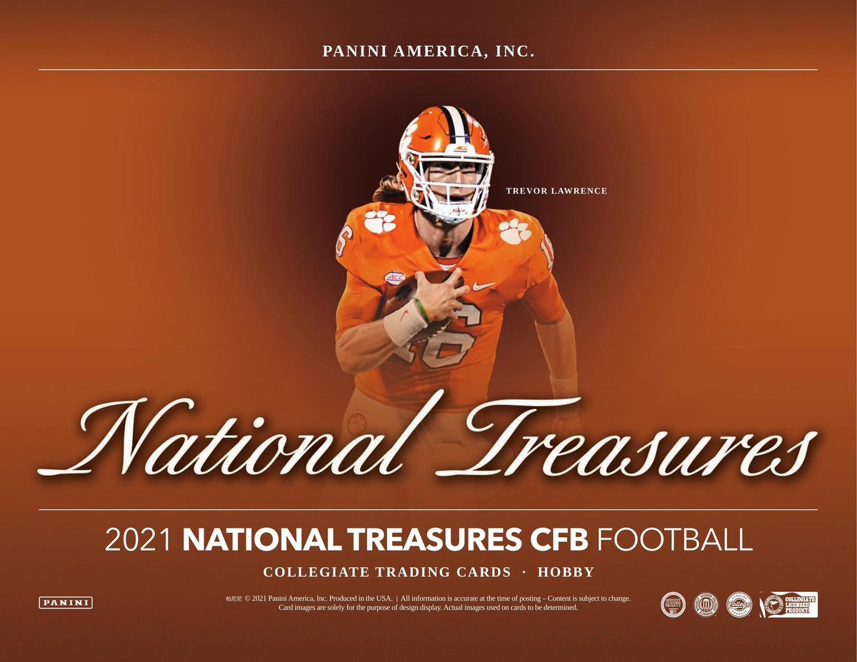 2021 Panini National Treasures Collegiate Football Hobby Box releases tomorrow!  Each box contains 7 Autographs or Memorabilia cards and 1 Base or Parallel. Key rookies to collect include Trevor Lawrence, Zach Wilson, Trey Lance, Justin Fields, and Mac Jones! #collegiatefootball