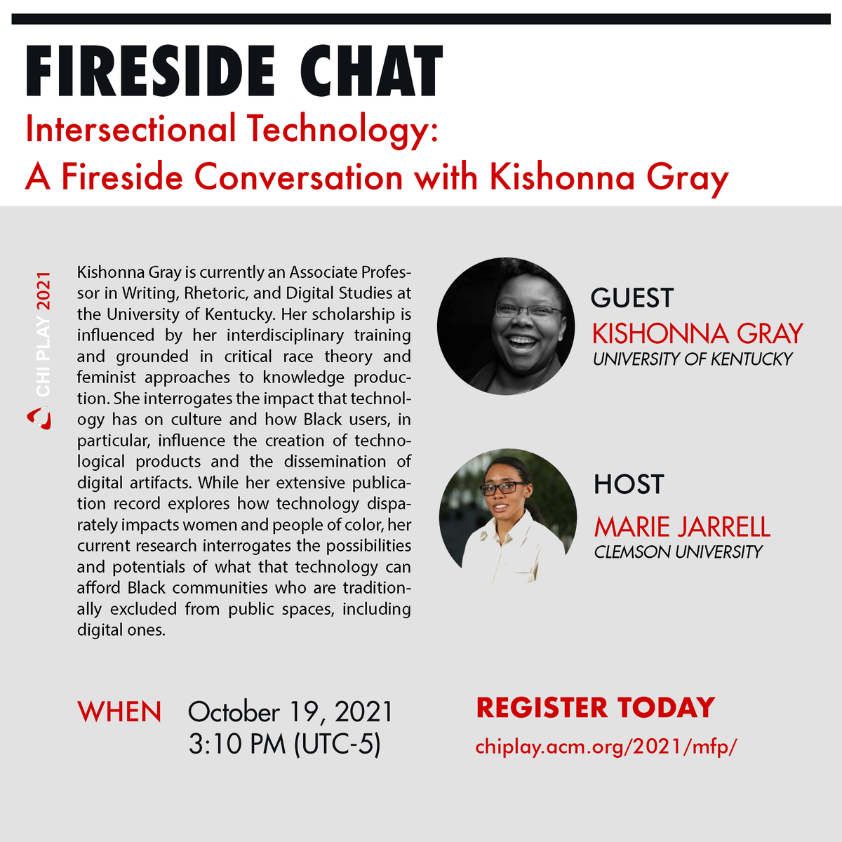 acmchiplay's tweet photo. Our Day 2 #chiplay2021 Fireside Chat: 'Intersectional Technology' with guest @KishonnaGray and hosted by @marieajarrell. Starting at 15:10 UTC-5 (Oct 19) https://t.co/9Rl4K6sHw0 @sigchi https://t.co/jqYRUTW9Fq