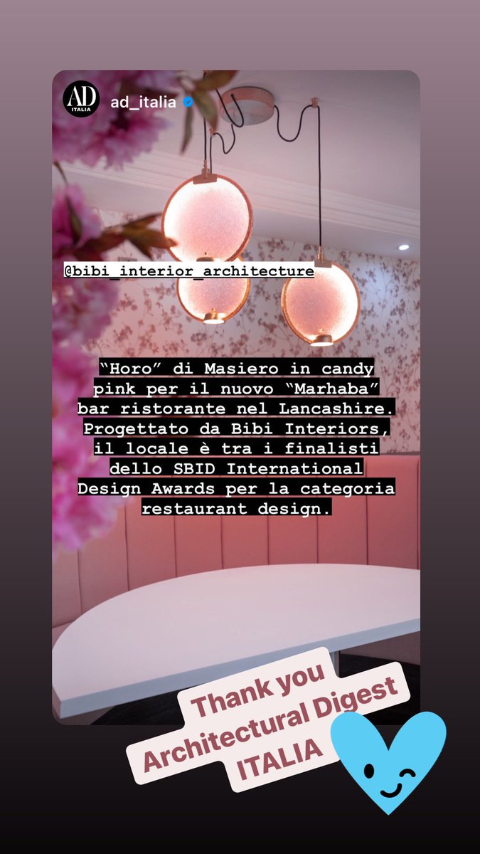 BibiInteriors's tweet photo. @AD_italia @Masiero_Group thank you , great project and experience, and also in this years 2021 @SBIDawards Awards , delighted to be nominated @TheSBID #restuarantdesign #sbidawards2021 https://t.co/LksR3YuXJ5