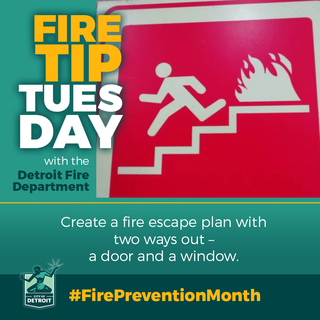 CityofDetroit's tweet photo. Having a fire escape plan prepared for your home can make a life saving difference for your family!
A good fire escape plan will include an outdoor meeting space and two-ways out: a door and a window. Remember to get low and GO!
#FireTipTuesday #FirePreventionMonth https://t.co/mKjvgnfvug